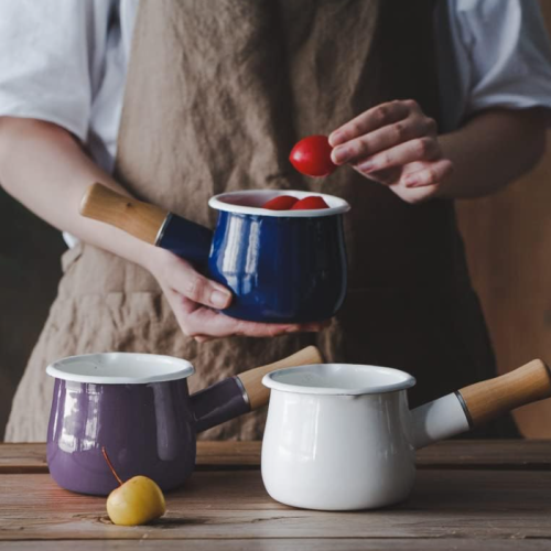 Mini enamel milk pot with wooden anti-scald handle, dual pouring spouts, suitable for heating, melting butter, and warming drinks (White)