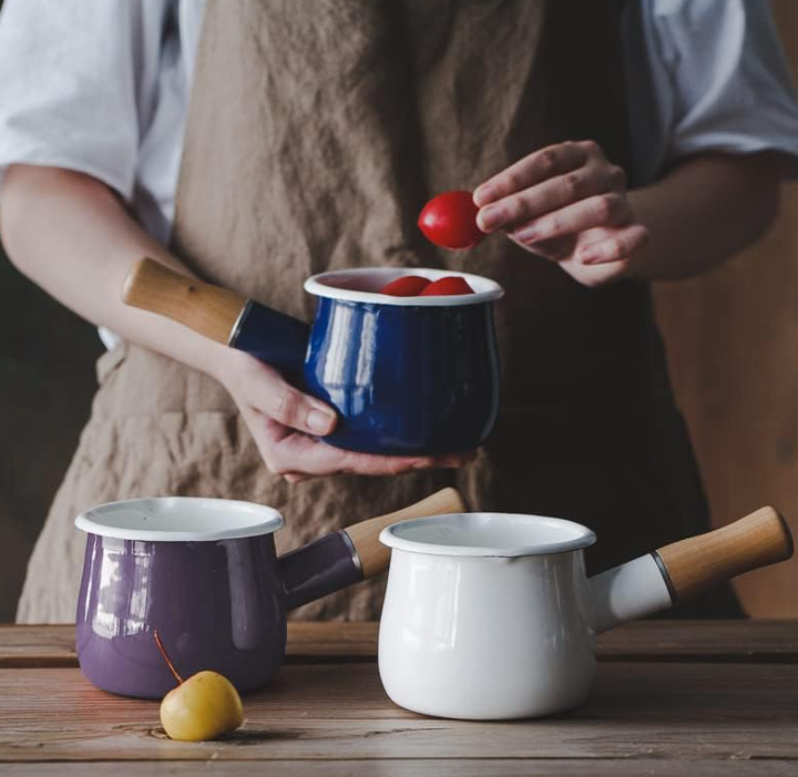 Mini enamel milk pot with wooden anti-scald handle, dual pouring spouts, suitable for heating, melting butter, and warming drinks (White)
