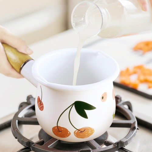 Small enamel milk pot with wooden handle, versatile kitchen pot for heating milk, drinks, and melting butter