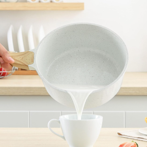 White ceramic non-stick milk pot with lid, small kitchen cooking pot, versatile heating pot with anti-scald handle