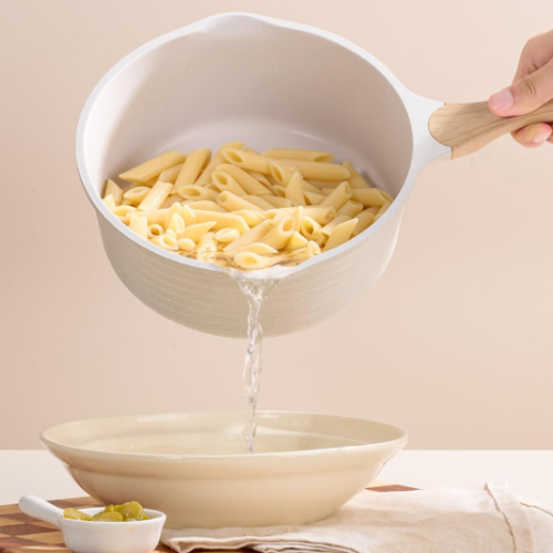 Beige non-stick milk pot with lid, small kitchen pot, versatile stewing pot for heating milk and making sauces
