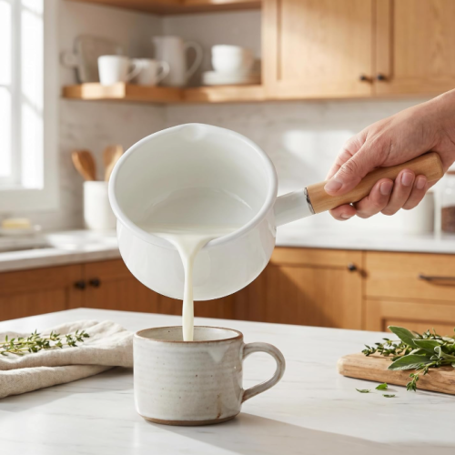 Enamel milk pot with wooden handle and dual pouring spouts, versatile pot for heating, boiling, and cooking