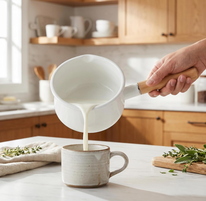 Enamel milk pot with wooden handle and dual pouring spouts, versatile pot for heating, boiling, and cooking